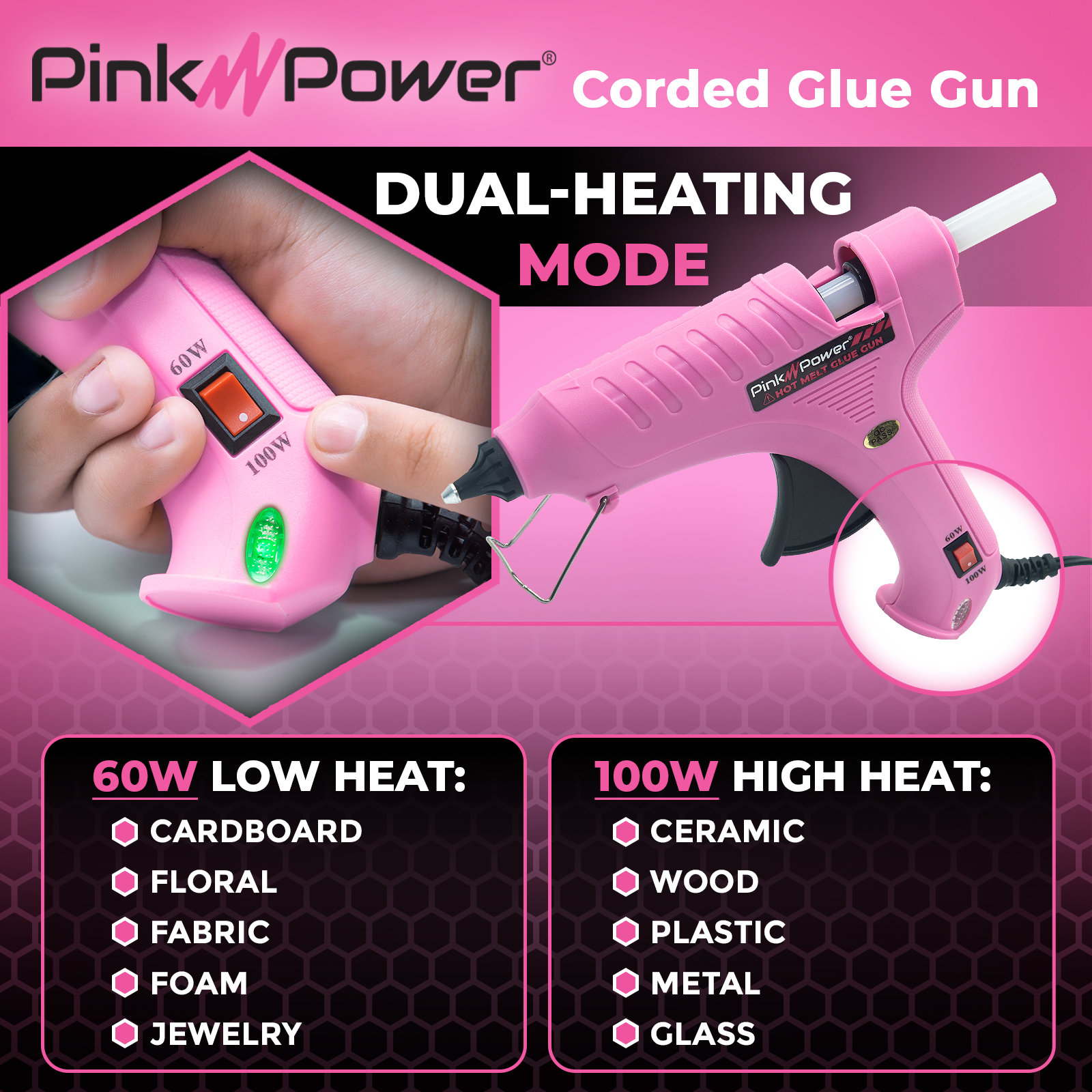 Pink Power Pink Corded Dual Temp Hot Glue Gun Kit with 20 Premium Full Size Glue  Sticks for Crafting 